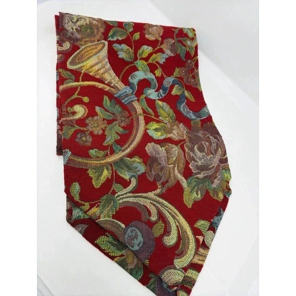 Vintage Tapestry Table Runner Maroon Red Gold Botanical French Horns Christmas
